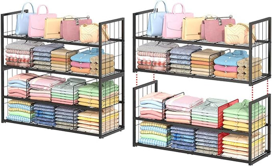 Hongtamoya 2-Pack Stackable Closet Storage Shelf with Adjustable Divide | Closet Organizer for Jeans Pant Shirt Bag Shoe Sweaters Storage, Clothing Shelving for Bedroom Wardrobe Closet System-Black