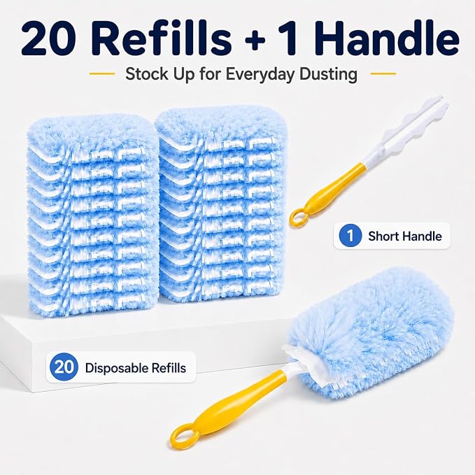 Duster Refills Compatible with Swiffer Duster Handles, 20 Count, 1 Handle | Heavy Duty Fluffy Microfiber,Disposable Dusting Pads for Cleaning Blinds, Fans, Furniture, Shelves, Unscented