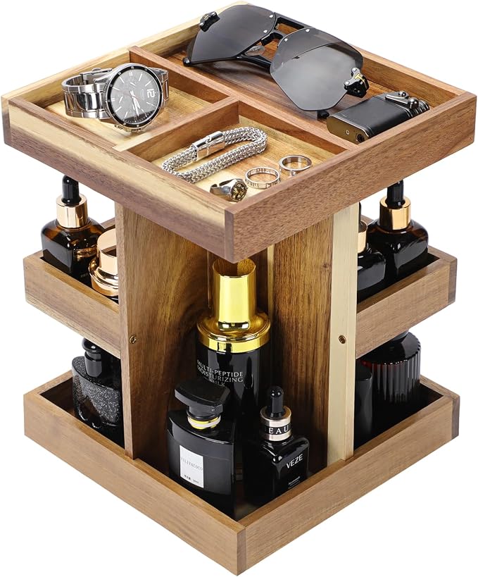 EXIN DECHEN Cologne Organizer for Men,Birthday Gifts for Men,Acacia Wood | Easy Installation,360° Rotating,Boyfriend Husband Dad Gift Ideas,Mens Accessories for Desk,Bathroom Countertop,Vanity,Dresser