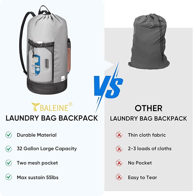 BALEINE 2PK 120L Laundry Bag Backpack, 900D Oxford Fabric Large Travel Laundry Bags with Shoulder Straps and 2 Mesh Pockets for College Dorm, Apartment, Laundromat (Gray, 120L)