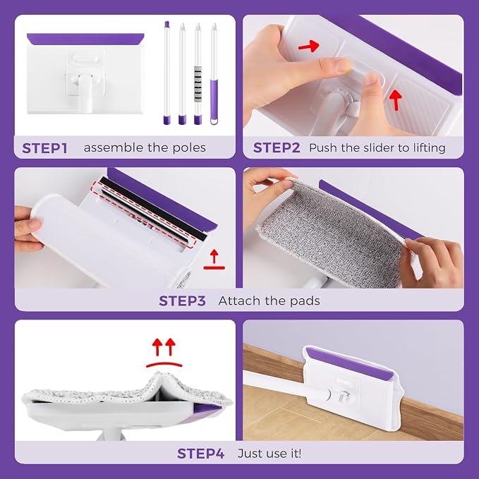 Baseboard Cleaner Tool with 60" Extendable Handle, 5 Reusable Pads | Microfiber & Chenille Pads, Dust-Locking Design, Safe On Walls And Moldings, Reaches Corners And Under Furniture