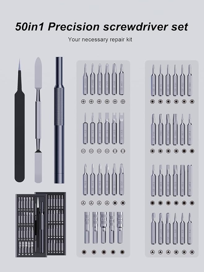 AXTH 50-in-1 Precision Screwdriver Set, Professional Small Repair Tool | Magnetic Mini Screw Driver Kit for Electronic Devices, Flat, Philips, Torx, Hex, Pentalobe, Triwing, Triangle