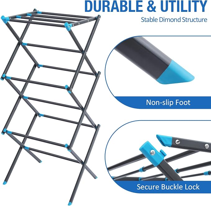 APEXCHASER Oversize 3-Tier Clothes Drying Rack, No Install, Graphite | Expandable Design, Non-slip feet, Tool-free Setup, Rust Prevention, Sturdy Construction, 14.9" D x 29.3" W, Holds 24lbs