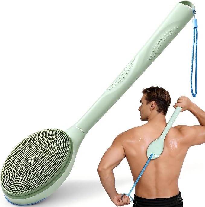 Extendable Silicone Back Scrubber-17-32,Dense Bristles-4X Power | 2-Hand Grip for 4X power. Food-grade silicone, BPA-free. 30D curved dense bristles for rich lather & exfoliation. Quick-dry.