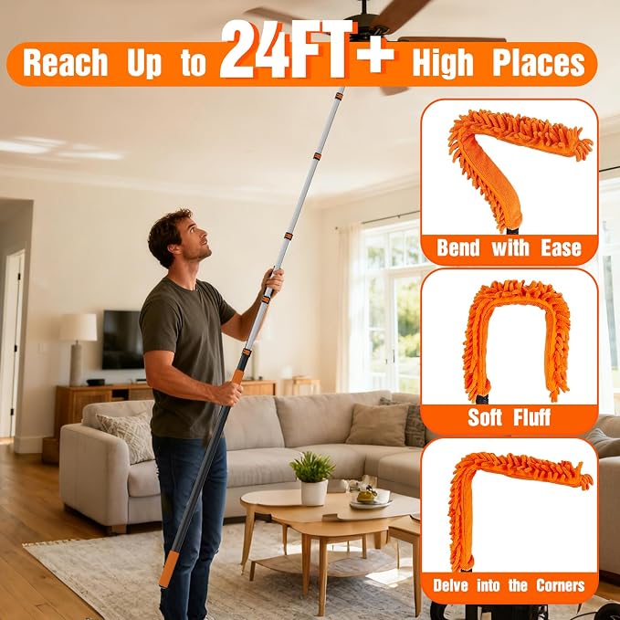 SISIUPASSIE 30FT Reach Ceiling Fan Cleaner Duster, Ceiling Fan Blade Cleaner with Extension Pole, Washable & Replaceable Microfiber Feather Duster Kits