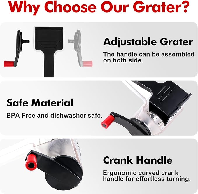 GDL Cheese Grater Hand Crank, Kitchen Rotary Grater Handheld, Dishwasher Safe Parmesan Cheese Grater with Stainless Steel Blade for Hard Cheese,Chocolate,Nuts, Black
