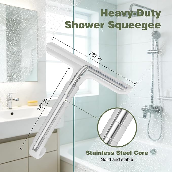 Roylvan Silicone Shower Squeegee, All-in-One Shower Squeegee for Glass Doors with Built-in Hook, Household Window Mirror Cleaner for Bathroom Glass Kitchen Tile Wall Car, White