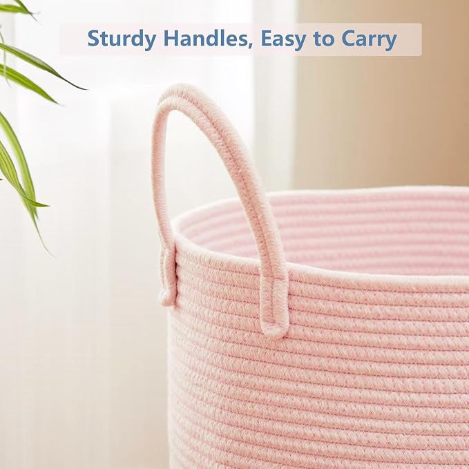Pink Hamper Laundry Basket for Girls Kids Baby Nursery 60L Large | 15x20 Inches Woven Rope Hamper, Tall Nursery Storage Bin, Kawaii Bedroom Laundry Hamper