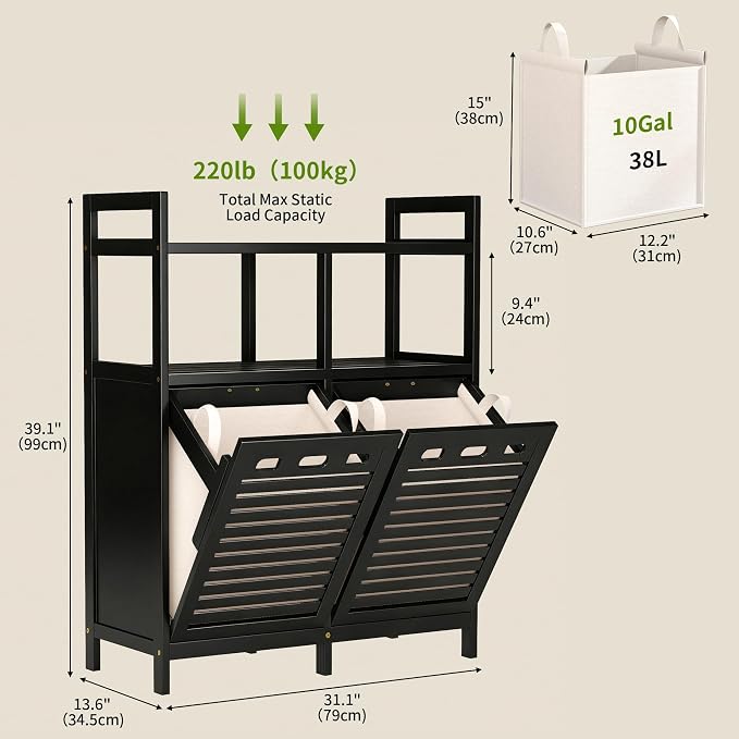 VASMIA Tilt Out Laundry Hamper Cabinet, Bamboo Double Laundry Hamper with 2 Removable Laundry Baskets, 20 Gal Laundry Sorter Organizer with Shelf for Dirty Clothes, Bathroom, Laundry Room, Natural