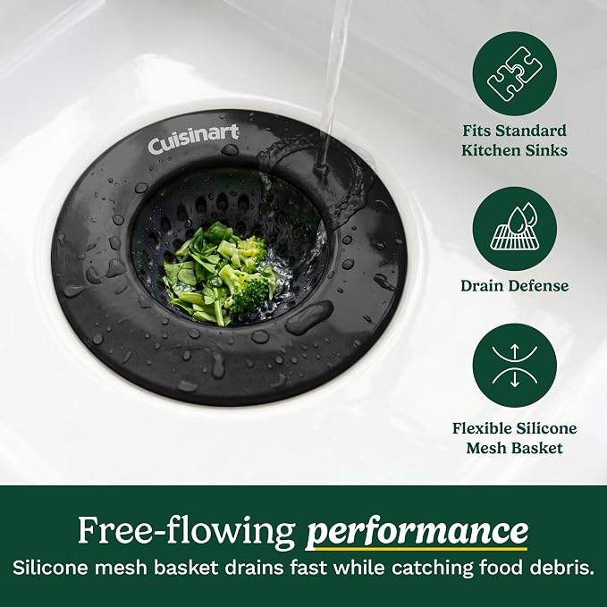 Cuisinart 2 Piece Sink Set – Sink Drain Strainer with Stainless Steel Rim & Silicone Mesh Base & Sponge Holder for Kitchen Sink, Metal Caddy with Triple Suction Cups, Daily Kitchen Essentials