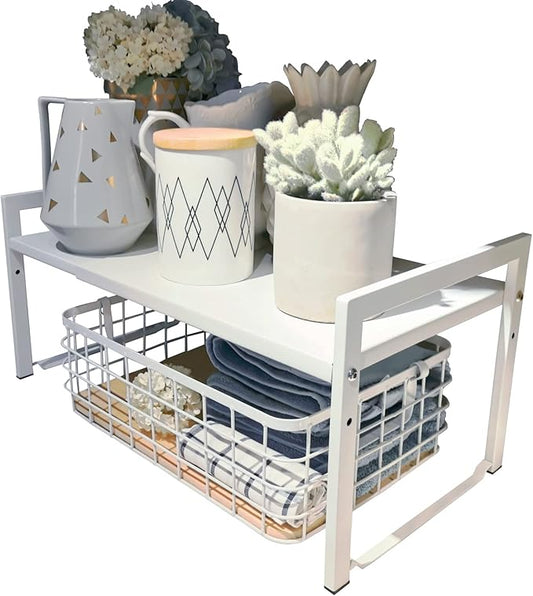Expandable Cabinet Shelf Organizer 16-26" L Stackable Kitchen Counter Shelf Rack Stand Sink Riser Countertop Storage White (Wide 10.6”D)
