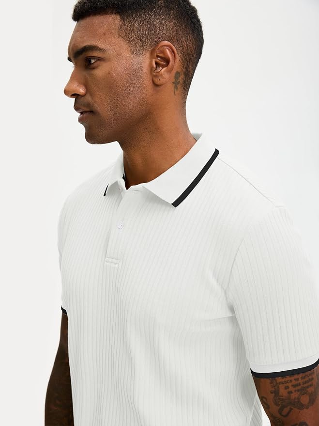 Comdecevis Men's Regular Fit Short Sleeve Knit Polo Shirts | Business casual, lightweight, breathable, stretch textured fabric, moisture wicking, easy care