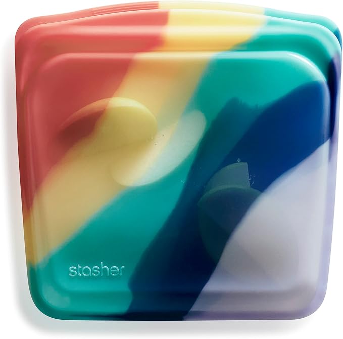Stasher Silicone Reusable Storage Bag, Sandwich Bag, Reusable Freezer Bags, Microwave, Dishwasher, Oven Safe, Sous Vide, Lunch Container, Eco Friendly, Leak-free, Food Storage Bags, 28 oz, Rainbow