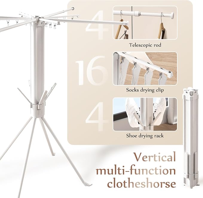 Multi-Functional 4-Leg Clothes Drying Rack, Large Capacity Foldable & Collapsible Laundry Rack, Portable Indoor Outdoor Drying Rack with Sock Clips & 4 Shoe Holders, Space Saving Stand