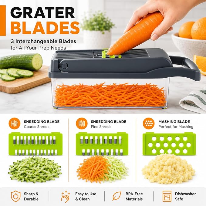 Vegetable Chopper, Onion Dicer & Mandoline Slicer with Container, Grey | Veggie Cutter with 8 Stainless Steel Blades & Drain Basket. Fast Food Chopper for Salad, Potato, Tomato, Cucumber & Carrot