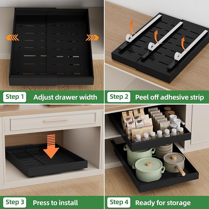 PAKETA 4 Pack Expandable Pull Out Cabinet Organizer,21" Deep | Pull Out Drawers for Cabinets with width from 9" to 14",Sliding Drawers for Cabinets with Upgrade 3 Slide Rails,hold 65 lbs