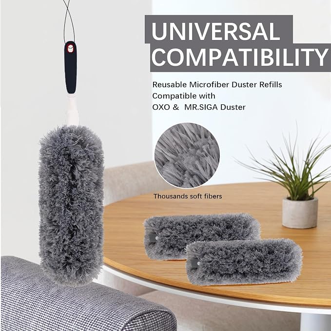 Reusable Microfiber Duster Refills Compatible with OXO & MR.SIGA Duster - Washable Duster for Household Cleaning Dusting Furniture Blind Ceiling Fan - 3Pack Grey(Handle NOT Included