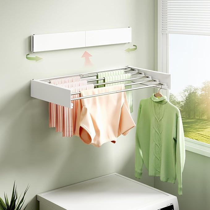 BOQORAD Clothes Drying Rack Wall Mounted 32“,Drying Rack Clothing Wall Mount,Laundry Drying Rack,Wall Mounted Clothes Hanging Rack (White)