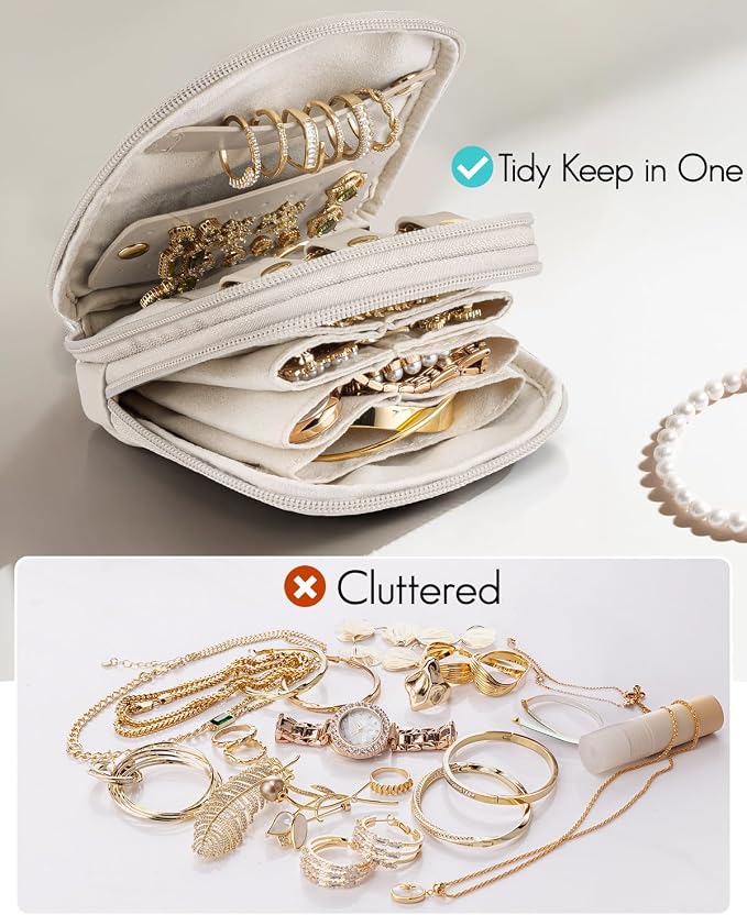 VLANDO Jewelry Travel Case with 2 Layers for Necklaces,Rings,Earrings | PU Leather Organizer with Divided Sections,Velvet Lining,Gift for Bride,Bridesmaid,Women,Girls,Cream White