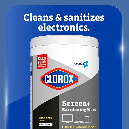 CloroxPro Clorox Screen+ Sanitizing Wipes, Disinfecting Wipes for Electronics, Gentle on Phones, Tablets, LCD Screens, Laptops and Sensitive Surfaces, Citrus Blend Scent, 1 Canister, 75 Wipes