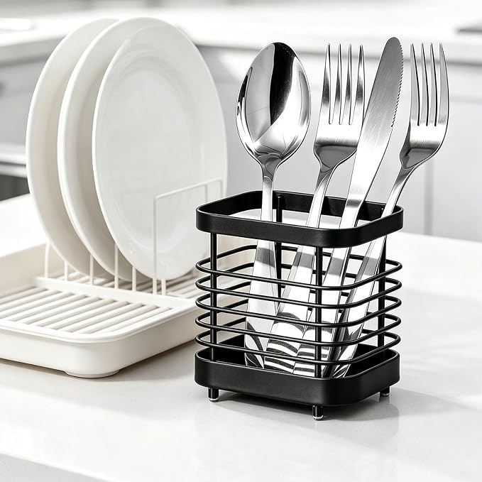 Utensil Holder, Stainless Steel Utensil Drying Rack for Kitchen Counter, Silverware Cutlery Flatware Holder Forks, Knives, Spoons, Chopsticks Organizer (Black)