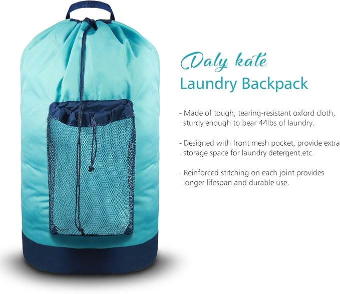 Laundry Backpack with Shoulder Straps and Mesh Pocket Durable Nylon Clothes Hamper Bag with Drawstring Closure for College, Travel, Laundromat, Apartment