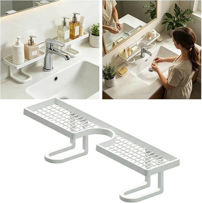 Over Sink Faucet Storage Rack, No Drill Free Standing Faucet Organizer Shelf with Drainage Design, Space Saving Countertop Storage for Kitchen and Bathroom (White)