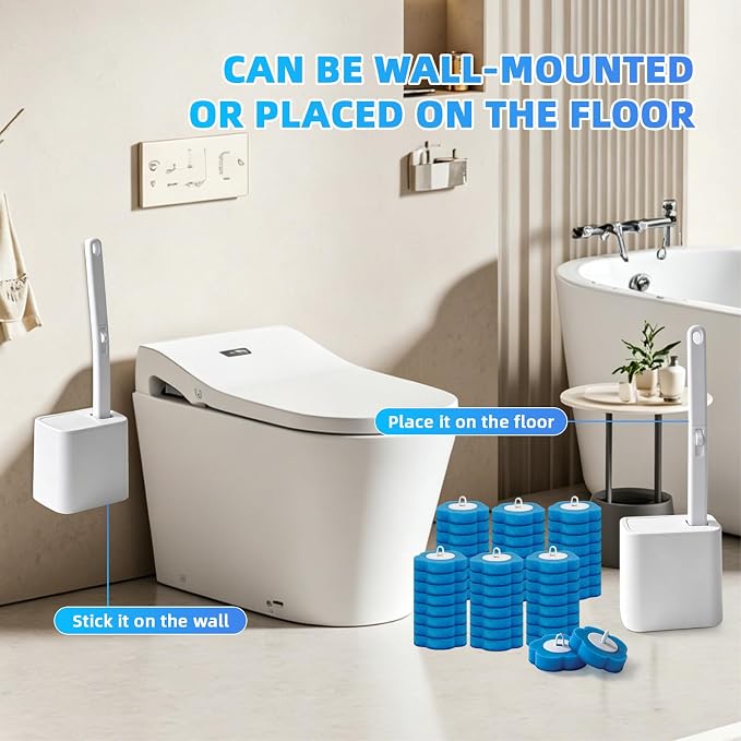 Disposable Toilet Brush Set with 48 Refills, Wall-Mount Holder, Space-Saver | Auto-Open/Close Lid Base provides a complete touch-free experience for cleaning the toilet while keeping your interior tidy
