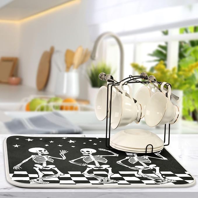 Halloween Skull Dance Dish Drying Mat for Kitchen Countertop 18x24 Spooky Skeleton Black Large Drying Mat Reusable Quick Dry Dish Sink Mats Easy Clean Decorative Essentials