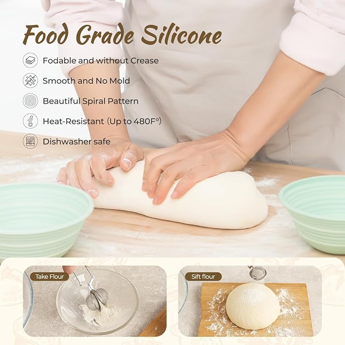 Sourdough Starter Kit, 9PCS Sourdough Breads Baking Supplies, Silicone Banneton Bread Proofing Basket Set with 9" Round & 10" Val, Bread Sling, Whisk, Bread Lame, Sour Dough Baking Tools