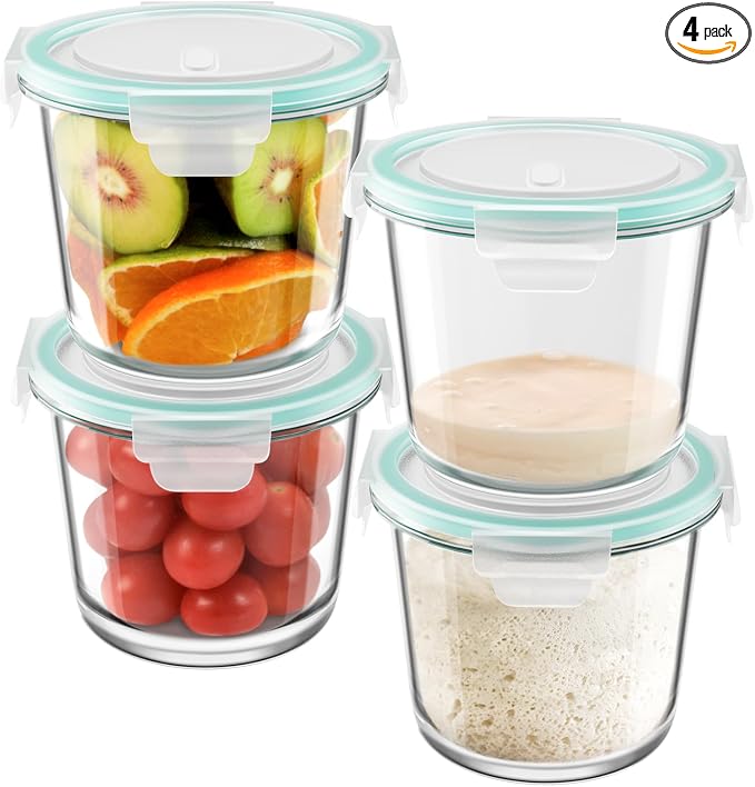 3 Cup/23oz Meal Prep Containers With Lids, Sourdough Starter Jar, 4 Pack | Borosilicate Glass, Food Storage, Airtight, Heat-Resistant, BPA-Free, Microwave Oven Dishwasher Freezer Safe