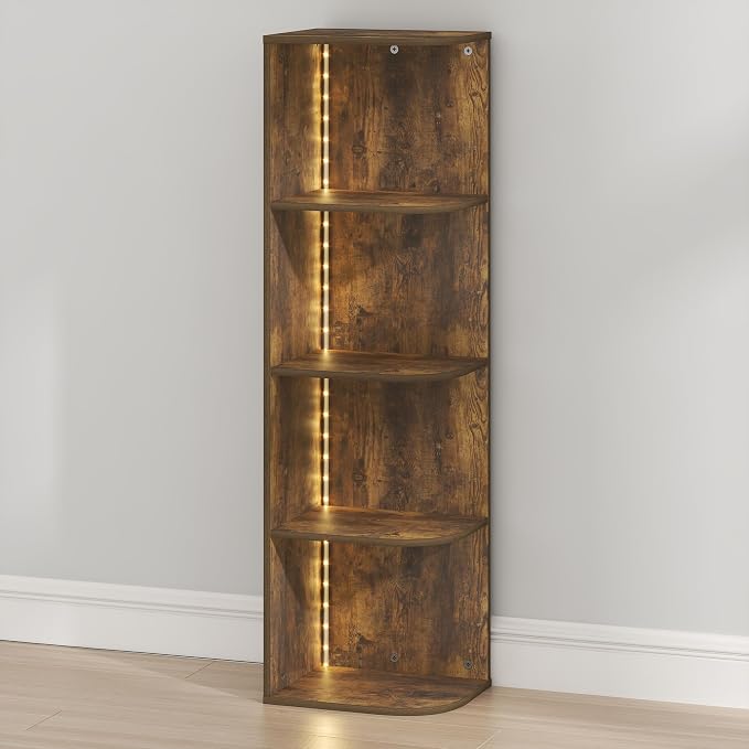 Furinno PASIR Corner Closet Organizer with LED Lights, 4-Tier, Amber Pine | 9.3 x 12 x 41.4, LED Closet Organizers and Storage, Open Shelves Closet Storage for Wardrobe, Bedroom, Entryway