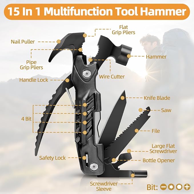 Unique Gifts for Fathers Men Him, Hammer Multitool 15 in 1, Cool Gadgets | Outdoor Camping Accessories Survival Gear, Fathers Day Gift for Husband Dad, Gifts from Daughter Son Wife for Grandpa Adults