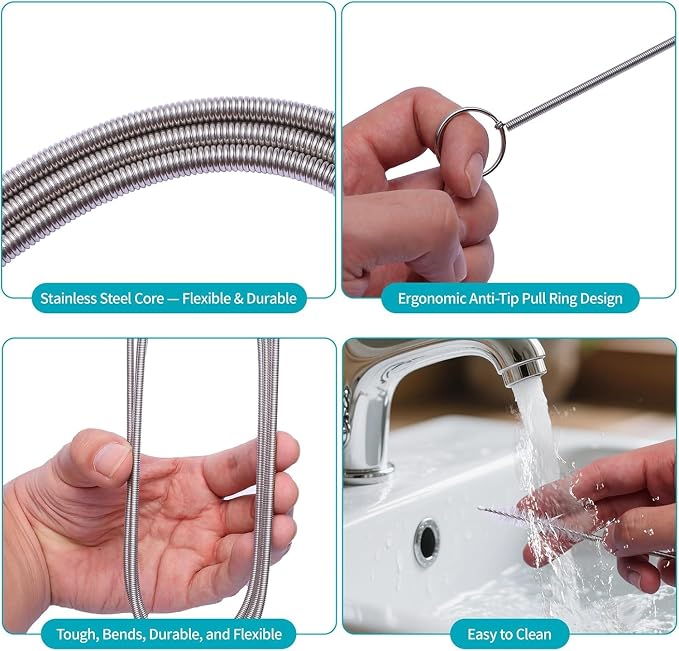 2-in-1 Drain Cleaning Tool Kit, 33" Flexible Drain Snake Clog Remover & 60" Drain Brush for Shower, Sink, Bathtub & Kitchen