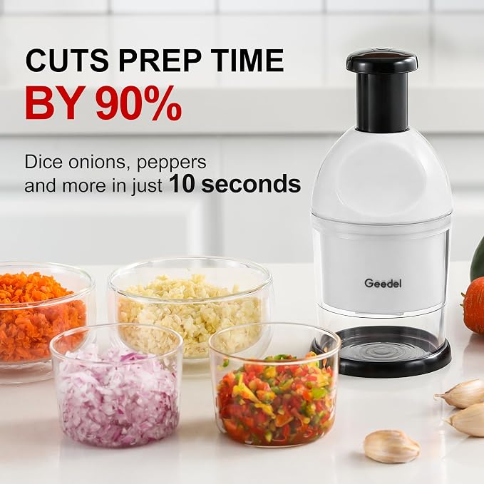 Geedel Food Chopper, Easy to Clean Manual Hand Vegetable Chopper Dicer, Dishwasher Safe Slap Onion Chopper for Veggies Onions Garlic Nuts Salads White