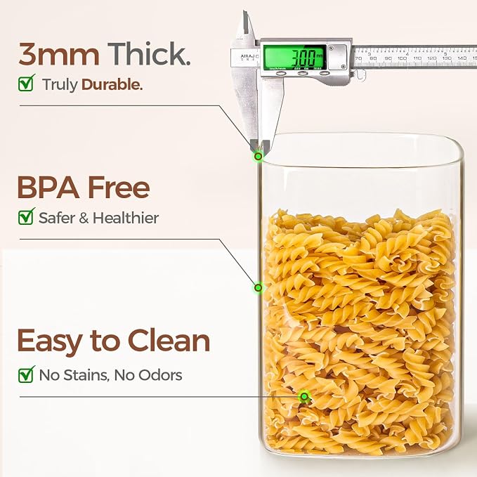 ComSaf Glass Storage Jars with Bamboo Lids 3.6 Qt Large Pantry Square | Cabinet Organization, Flour Sugar Coffee Beans, Pasta Cereal Dry Food, Big Capacity, Dry Food Storage