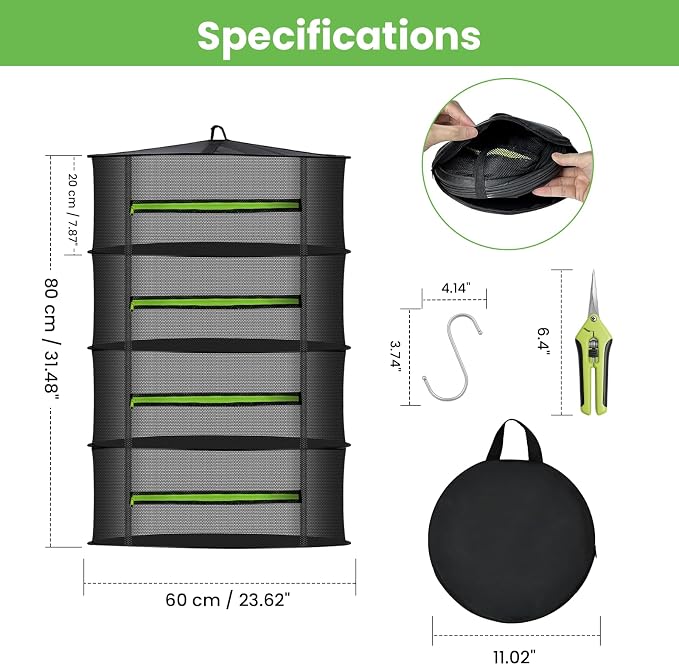 MEKOLIFE 4-Tier Herb Drying Rack Hanging Mesh | 23.62" mesh dryer with zipper, hooks and pruning shears, for indoor and outdoor herbs, seafood, flowers and plants