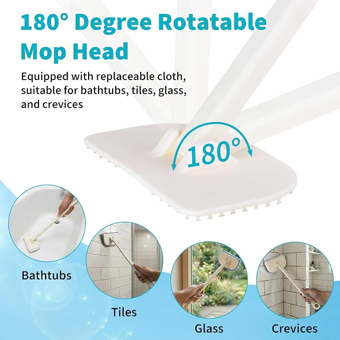 Tub Brush Scrubber with Long Handle, Durable Tub Scrubber with 4 Versatile Cleaning Heads, No-Scratch, Powerful Deep-Clean Tile Scrubbers, for Shower Bathroom Kitchen Bathtub Toilet