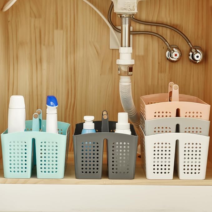Portable Shower Caddy Basket with Wood Handle, 3-Compartment Bathroom Organizer Tote with Drain Holes, Plastic Shower Basket for Dorm, Toiletries, Cleaning Supplies, Deep Blue