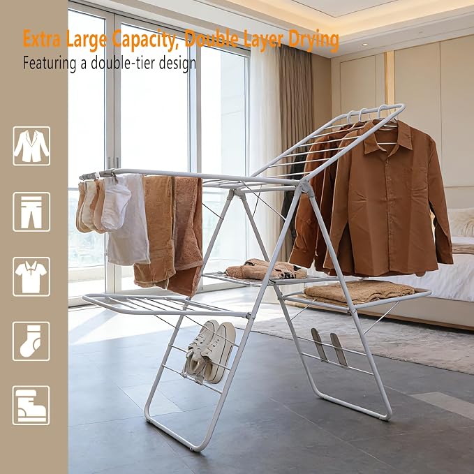 Clothes Drying Rack, Foldable 2-Level Laundry Racks for Drying Clothes Rack,Stainless Steel Drying Rack Clothing Collapsible for Indoor Outdoor,with Height-Adjustable Wings,Gray