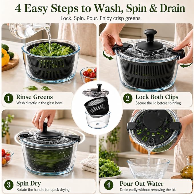 Large 5.2 Qt Glass Salad Spinner with Drain,Black | Microwave- and Dishwasher-Safe Glass Bowl, Transparent Lid, Crank Handle, Quick-Spin Salad Cleaner for Lettuce, Herbs & Fruit