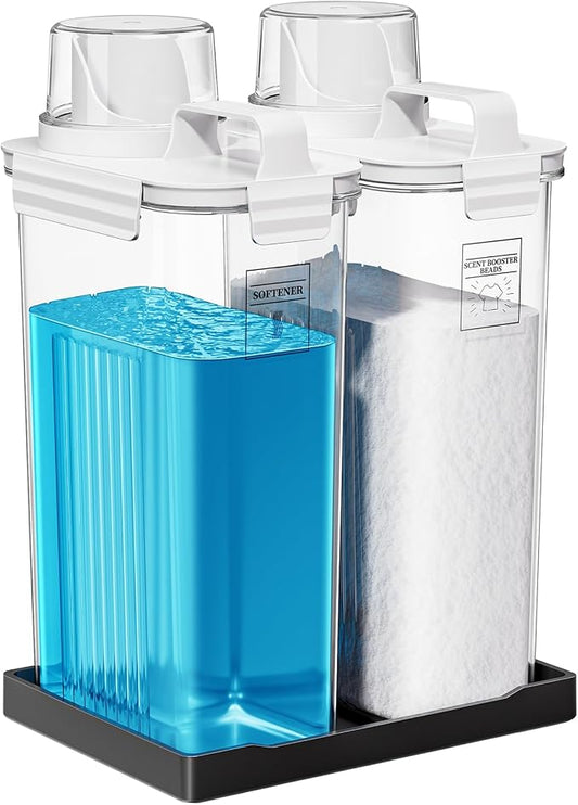 94oz Laundry Detergent Dispenser Container,Soap Dispenser,Black Tray,2 Pack | Fabric Softener Dispenser,Liquid Laundry Detergent Organizer for Laundry Room Organization
