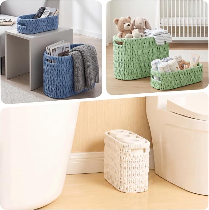 Boho Toilet Paper Storage Baskets, Cotton Rope Woven Bathroom Basket Set of 2, Standing Toilet Paper Holder for 6 Mega Rolls,Storage Bins for Toilet Tank Top, Bathroom Organizer Decor (Blue 2 Pack)
