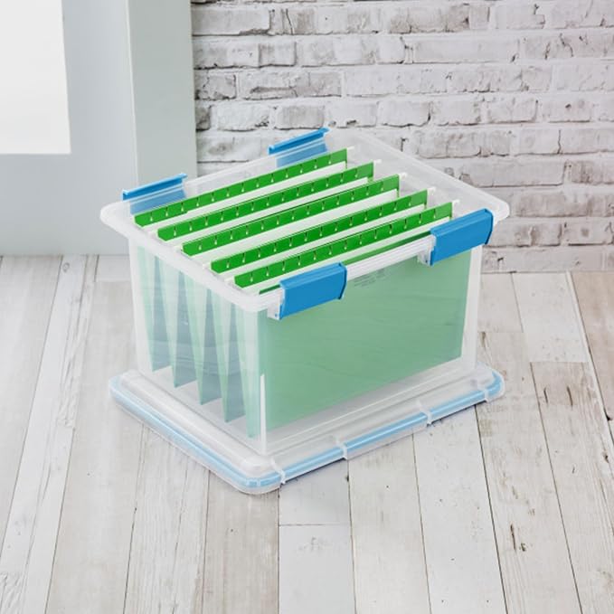 Sterilite 32 Qt Gasket Box, Stackable Storage Bin with Latching Lid and Tight Seal, Plastic Container to Organize Basement, Clear Base and Lid, 4-Pack | Heavy-Duty, Stackable, and Organizing Containers for Bathroom, Cabinet, Closet, and Garage, Clear a...
