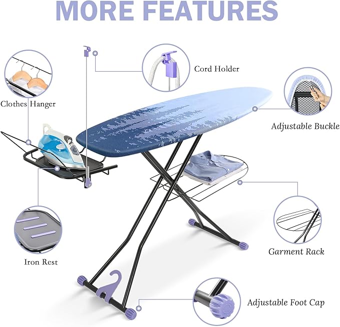 KINGBOARD Foldable Ironing Board Full Size, Iron and Ironing Board Set Large Size, Iron Boards with Ironrest & Adjustable Height,Heavy Duty Iron Table Stand with Metal Legs &Thick Cover,18×51 Purple