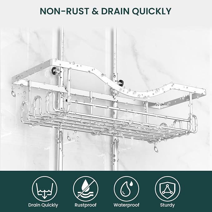 Shower Caddy Hanging Adjustable Shower Caddy, Rustproof Shower Organizer Extended Length Showers Caddy Over Shower Head with Hooks Soap Holder, Large Capacity Anti-Swing Bathroom Organizer, Silver