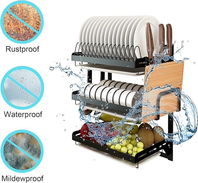 Wall Mounted Stainless Steel Dish Drying Rack Fruit Vegetable Storage Basket with Drainboard and Hanging Chopsticks Cage Knife Holder Kitchen Supplies Shelf Utensils Organizer (3-Tier)