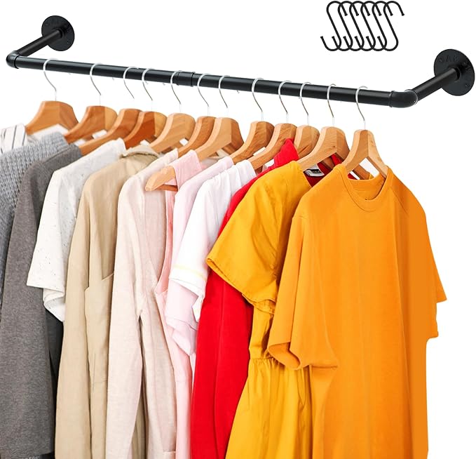 ERYTLLY RYTLLY Industrial Pipe Clothes Rack 38”,Multi-purpose Wall Mounted Iron Garment Rod,Heavy Duty Detachable Hanging Clothes Rack for Closet Rod,Black