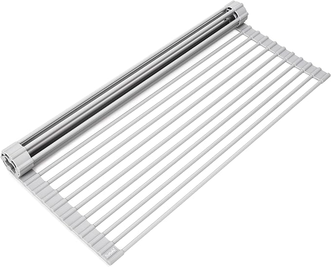 Surpahs 20.5 x 15.5 Inch Roll-Up Dish Drying Rack, Fits Across Sink Openings up to 19.5 Inches, Heavy-Duty Premium Silicone, Strong Support, Non-Slip, Heat-Resistant, Warm Gray