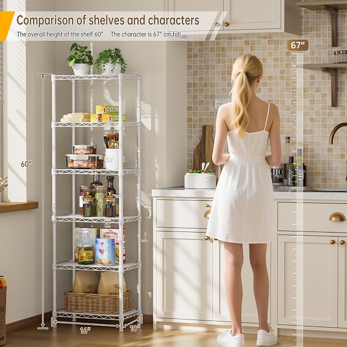 Golpart 6Tier Adjustable Storage Shelves Metal Wire Shelving Standing Shelf | Utility Heavy Duty Unit Rack Closet Organize for Home Kitchen Laundry Room Organization Pantry 10"Dx16"Wx63"H White